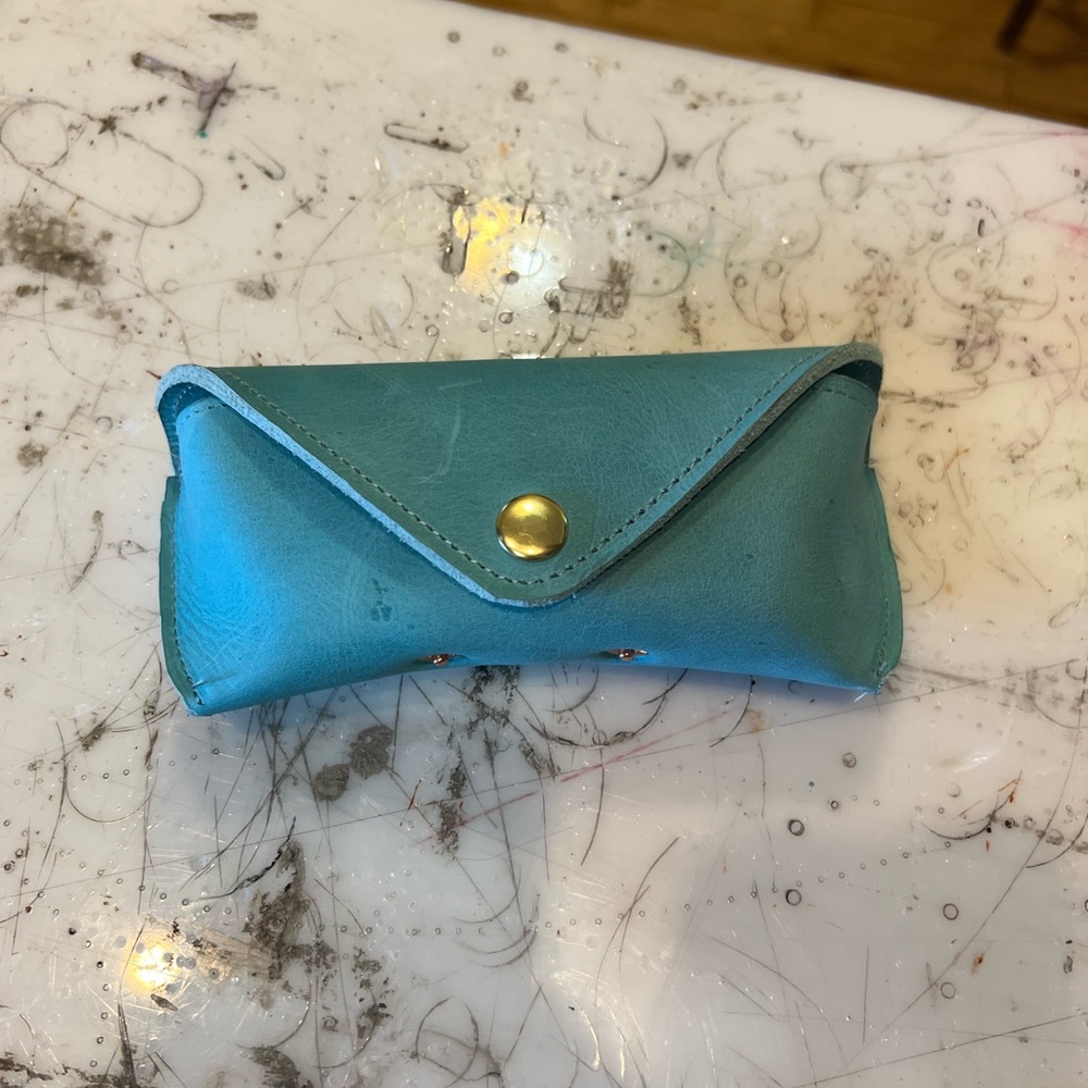 Handmade blue leather glasses case